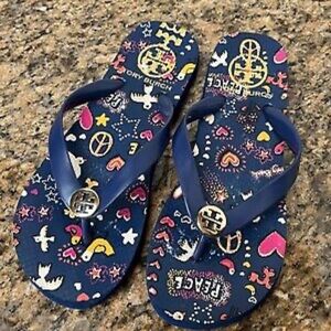 Tory Burch Flip Flop Sandals Womens size 6 Navy Blue with Gold TT Emblem EUC